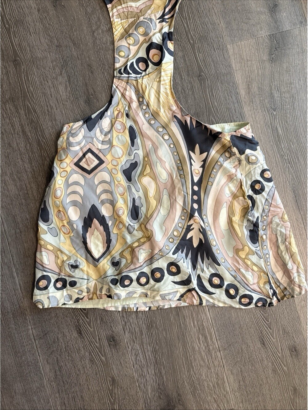 CULT GAIA Lucy One Sleeve Asymmetric Silk Blend Cutout 70's Print Mini Dress- M - Picture 4 of 11